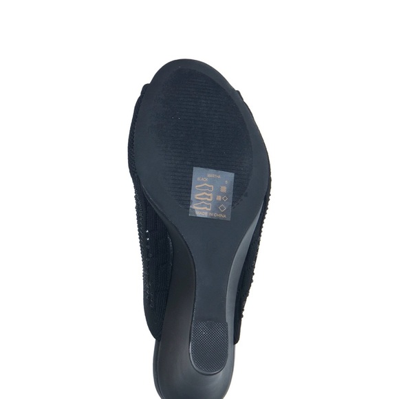 Lauren Lorraine Martha Black Wedge Heels Womens 6.5 Peep Toe Slip On Mule - Picture 4 of 5